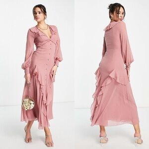 ASOS Design Long Sleeve Lace Trim Ruffle Midi Dress Deep Rose Size 6